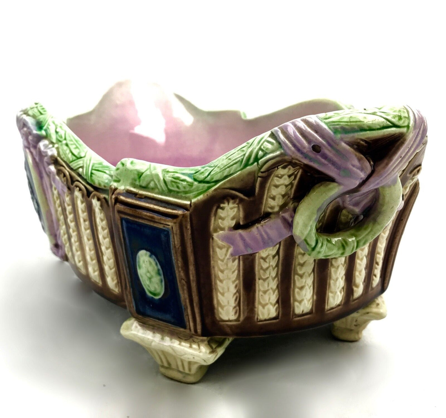 Antique Majolica Oval Planter / Victorian / Blue & Pink / Thomas Forrester