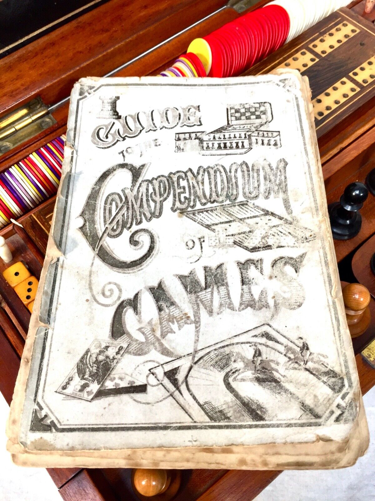 Antique 19th Century Victorian Games Compendium Box / Wooden Cabinet c.1880
