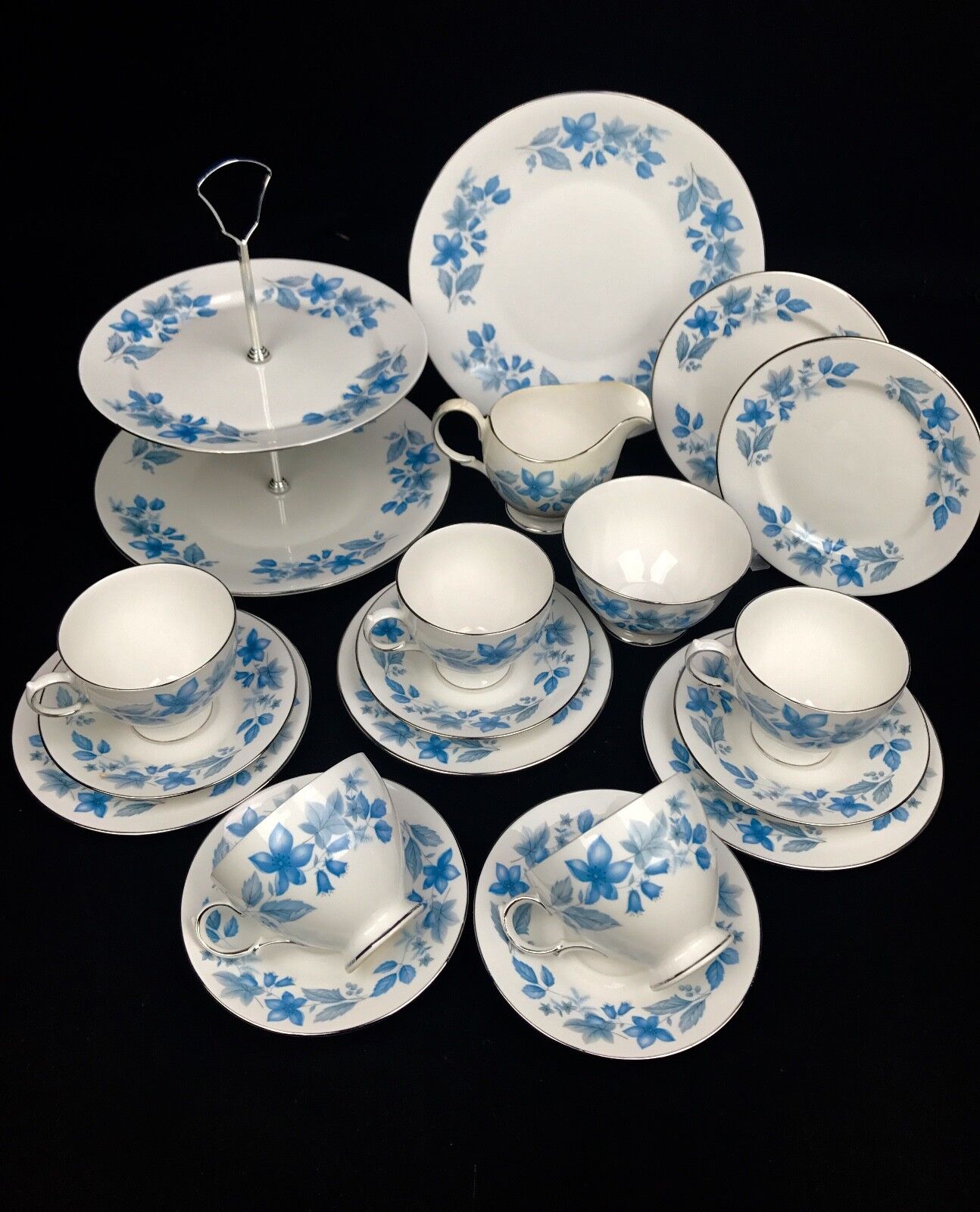 Crown Essex Vintage Tea Set For 5 / Dubarry / Blue Floral / Cake Stand / Trios
