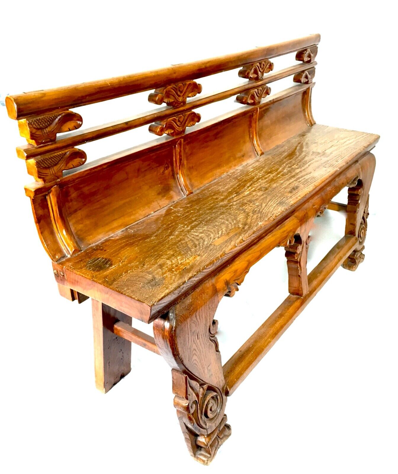 Antique Chinese Buddhist Temple / Opera Bench Elm Wood / 19th Century / c.1890