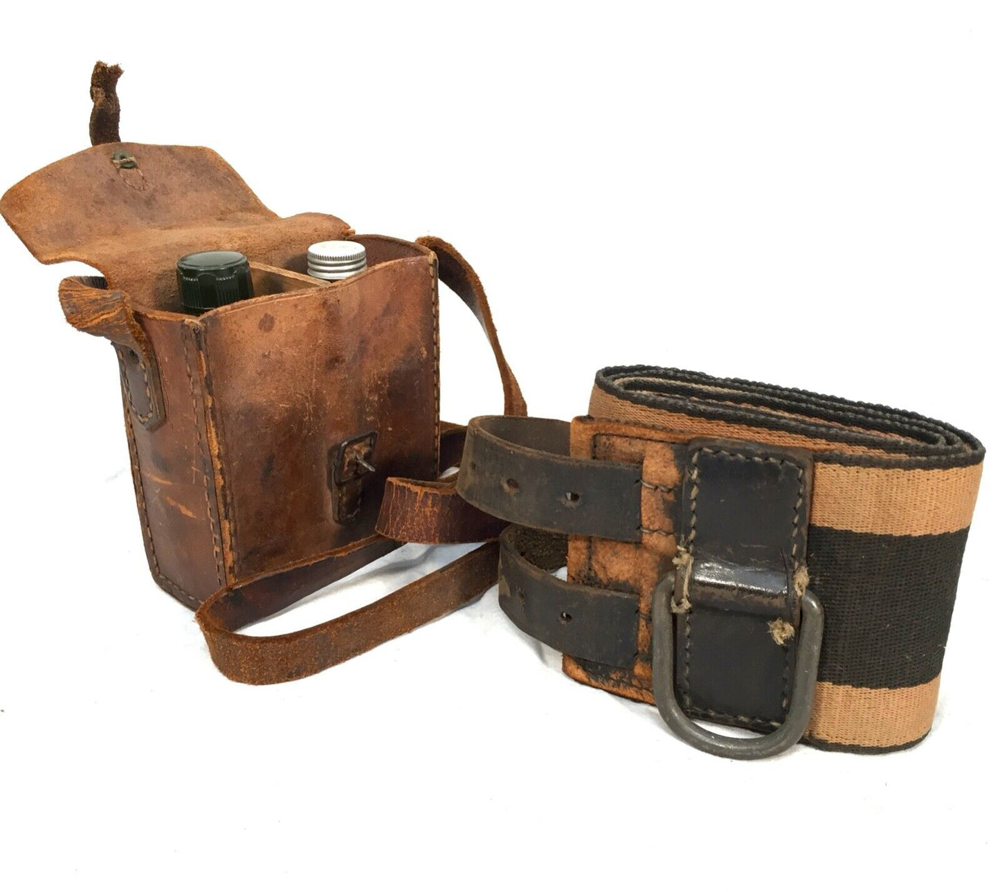 Antique Firefighters Belt & Leather Pouch Bag With Glass Apothecary Bottles