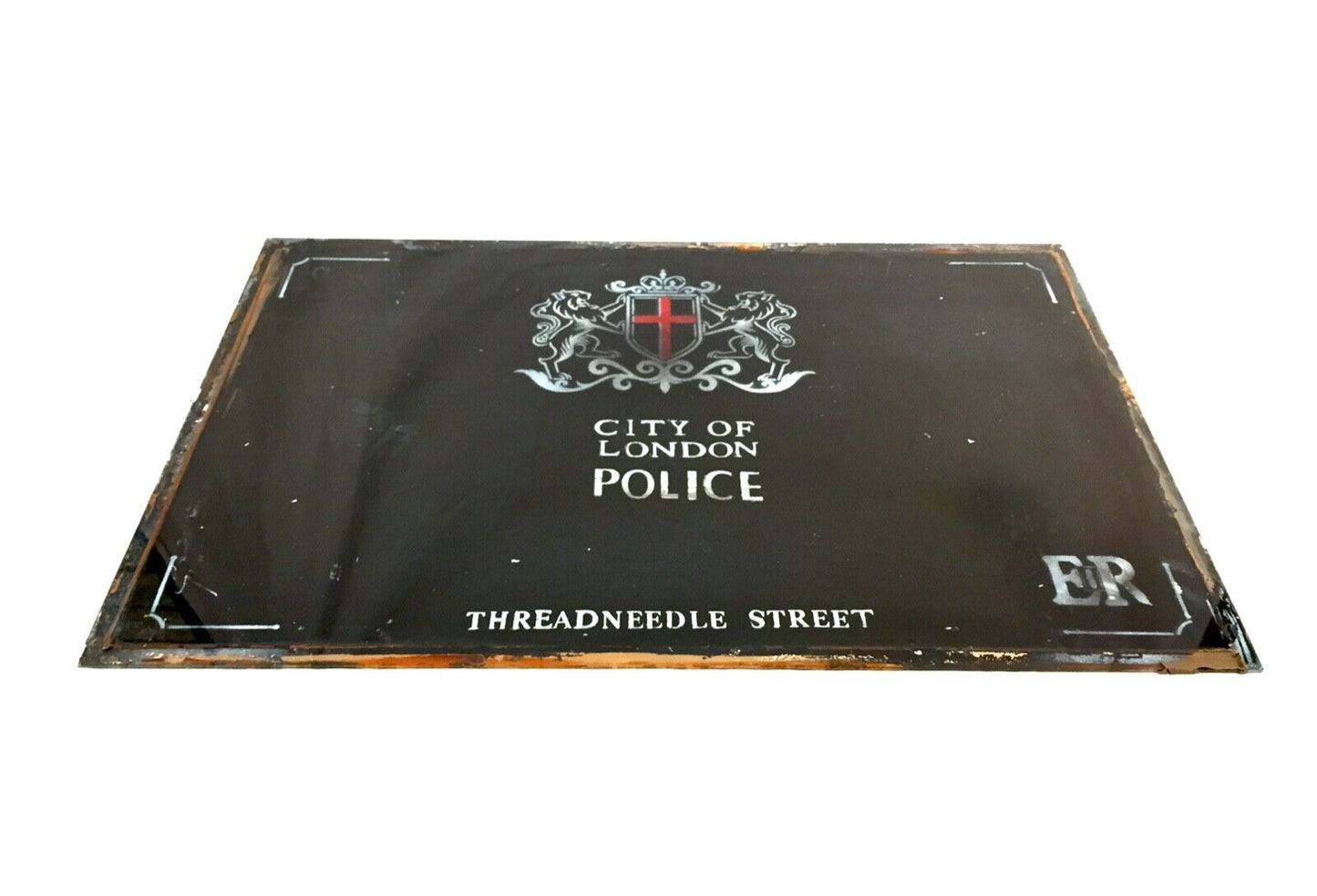 Vintage Glass Window Sign City of London Police Threadneedle Street Glass