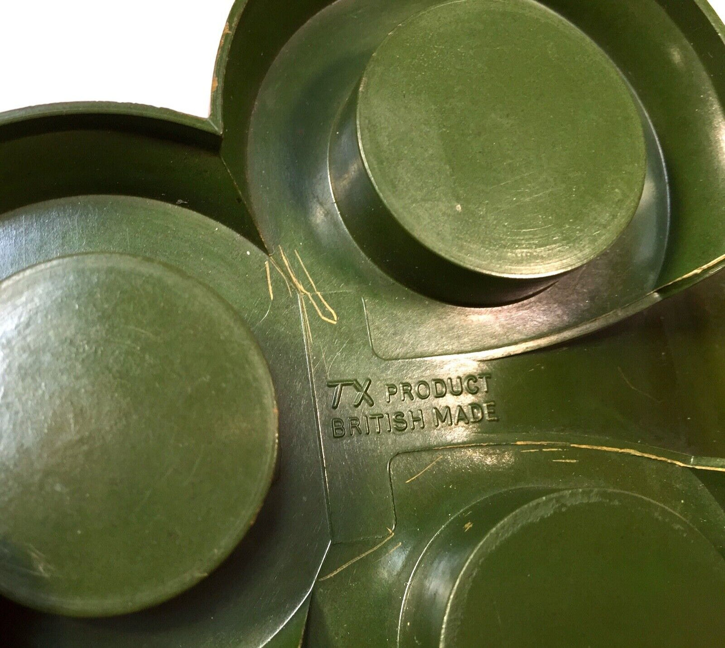 Antique Art Deco Green Bakelite Egg Cup Set on Stand in Shape of Clover / Club