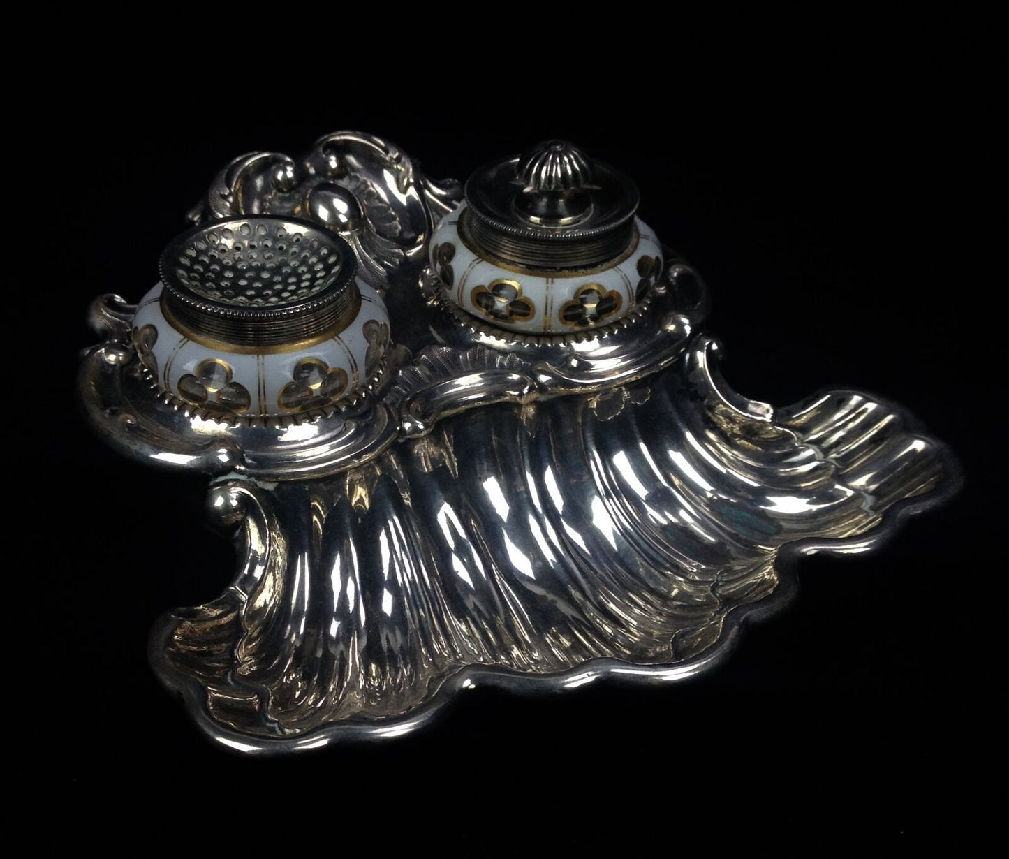 Continental White Metal & Enamel Glass Inkwells and Pen Dish /REDUCED