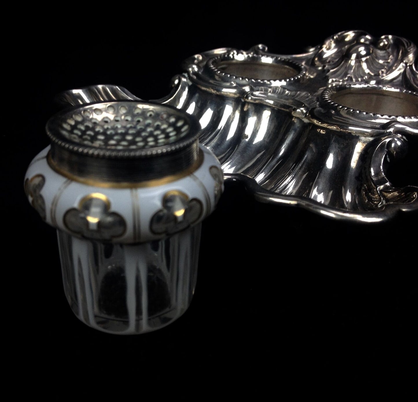 Continental White Metal & Enamel Glass Inkwells and Pen Dish /REDUCED