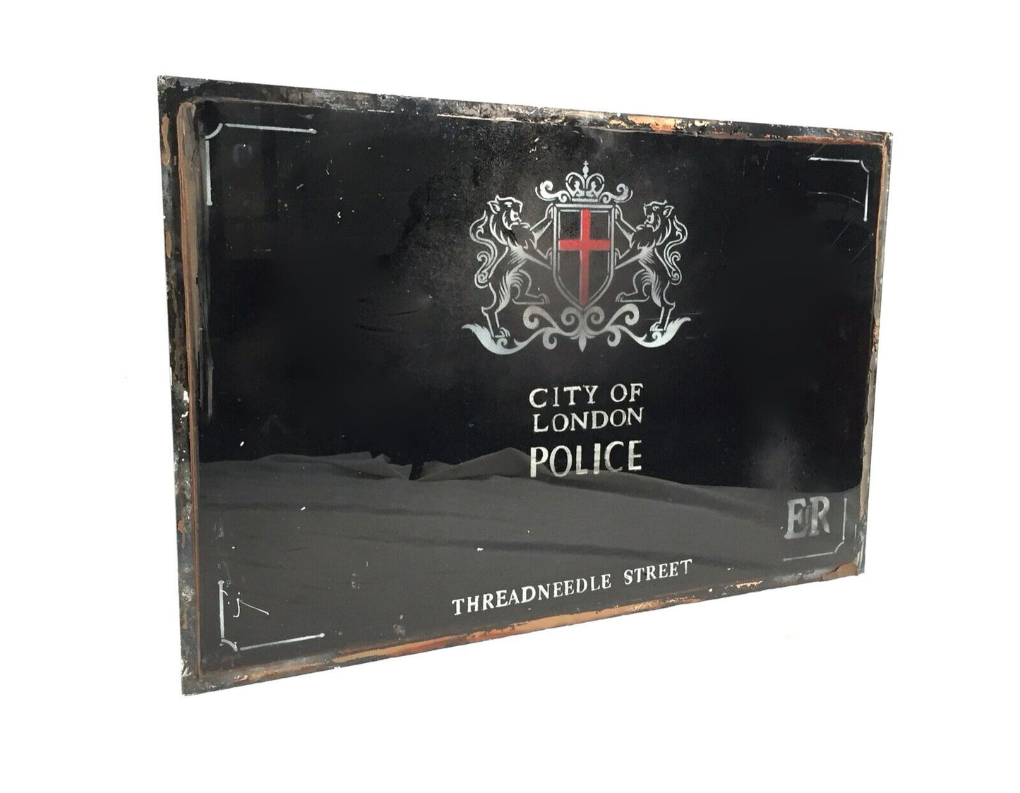Vintage Glass Window Sign City of London Police Threadneedle Street Glass
