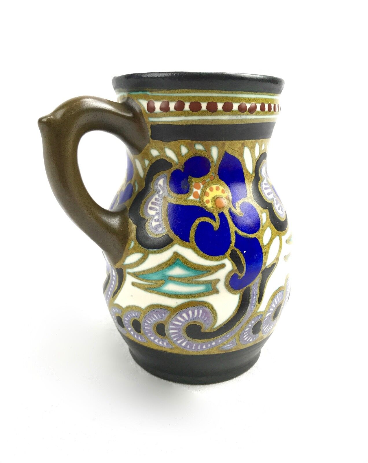 Art Deco Antique Gouda Pottery Jug / Vase / Pitcher / Blue Purple Brown / 1927