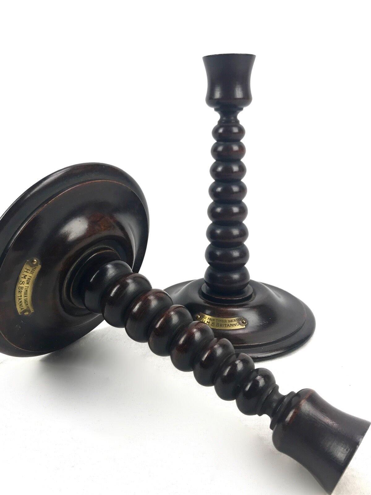 Antique Wood Barley Twist Candle Stick Pair Made From Timber From HMS Britannia