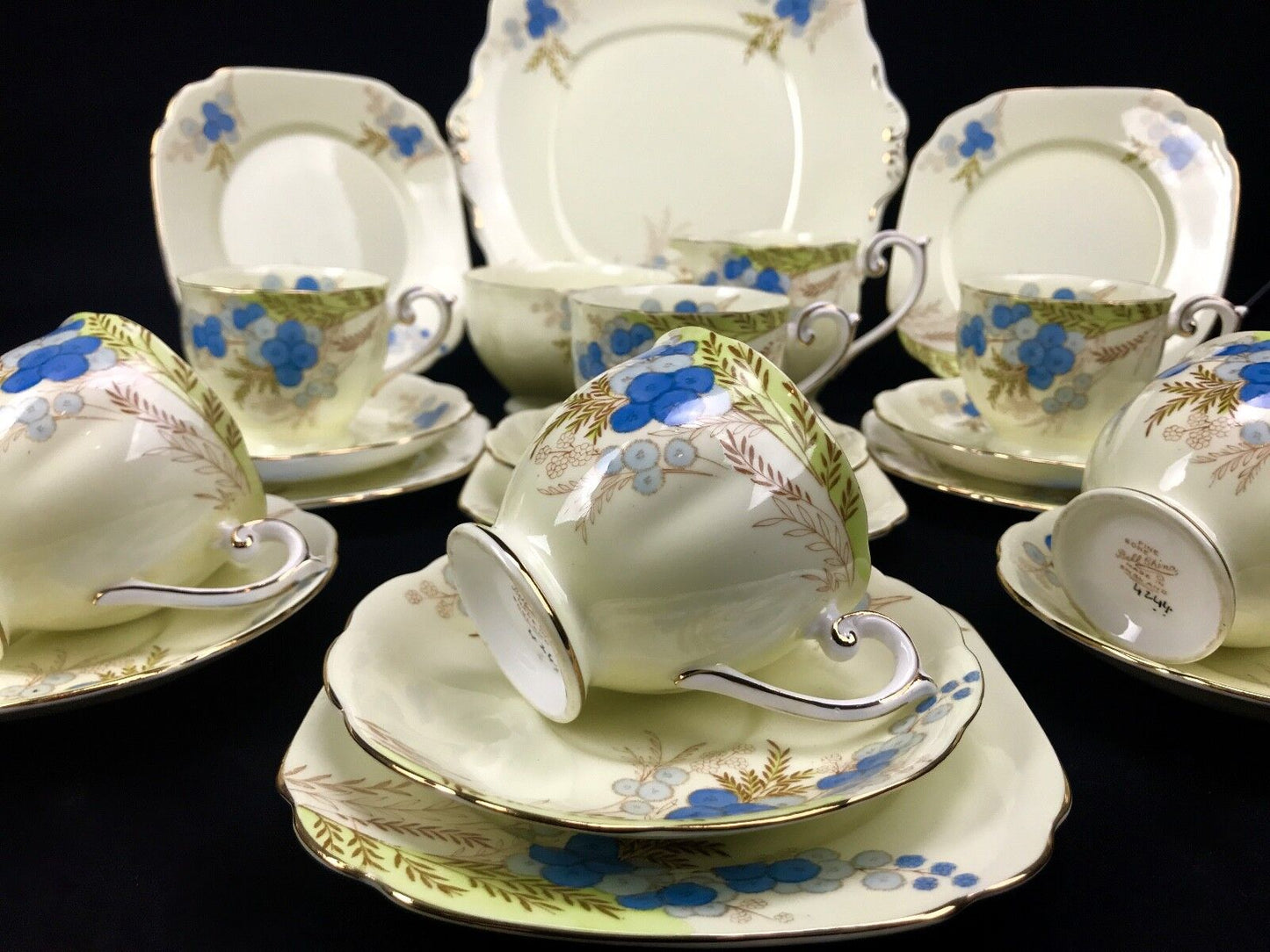 Vintage Bell China Tea Set for 6 People / 21 Piece / Blue And Cream 1940's