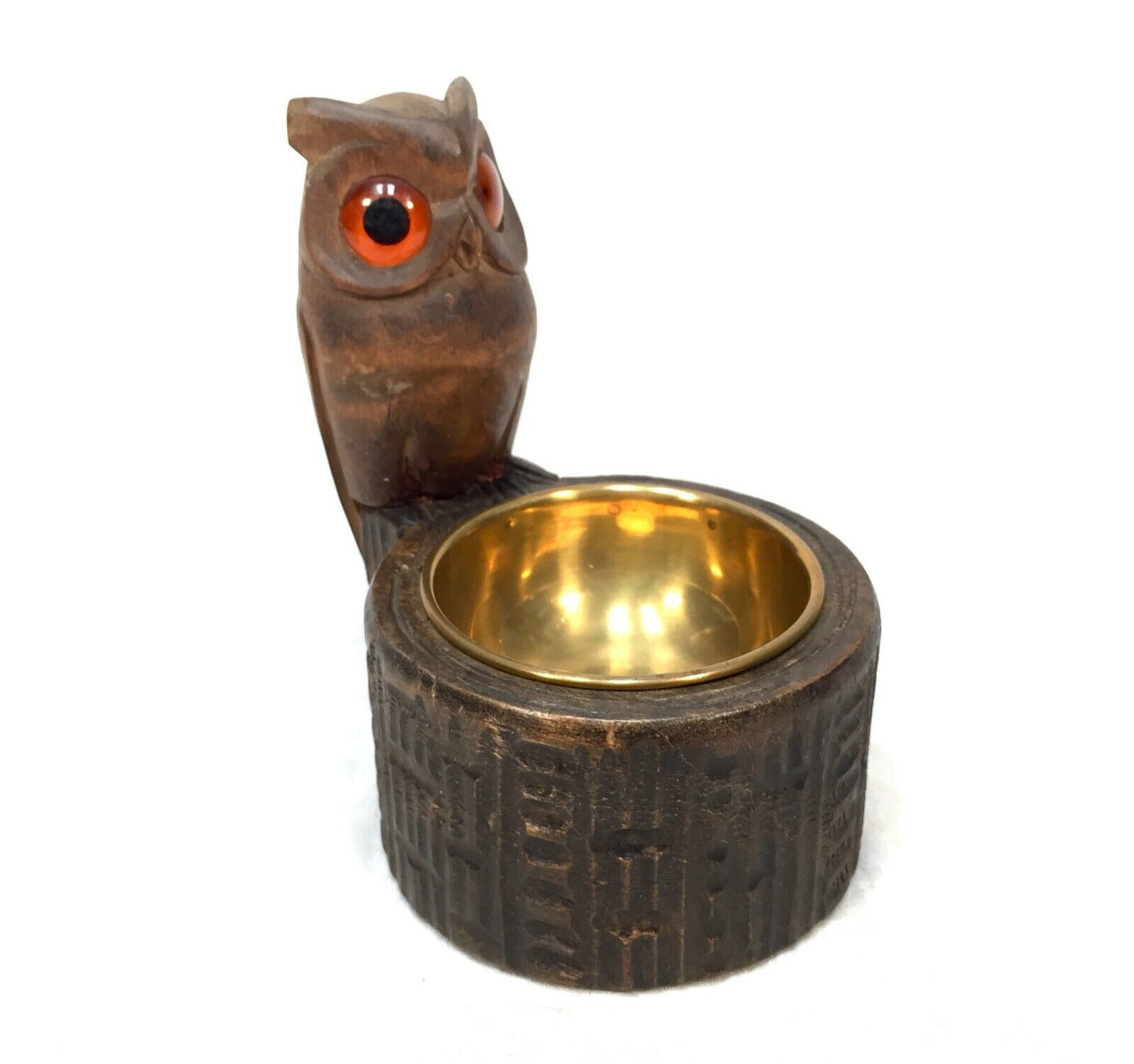 Antique Wooden Carved Owl & Brass Bowl Pin / Trinket Dish / Black Forest Style