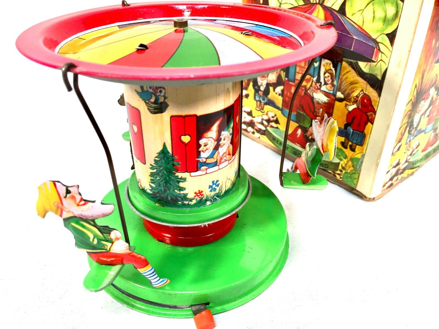 Vintage Wind-up Clockwork Tin Mechanical Elf Merry Go Round Toy / Boxed Working