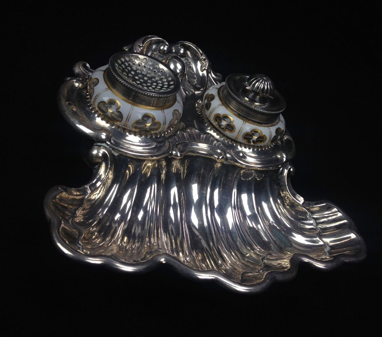 Continental White Metal & Enamel Glass Inkwells and Pen Dish /REDUCED