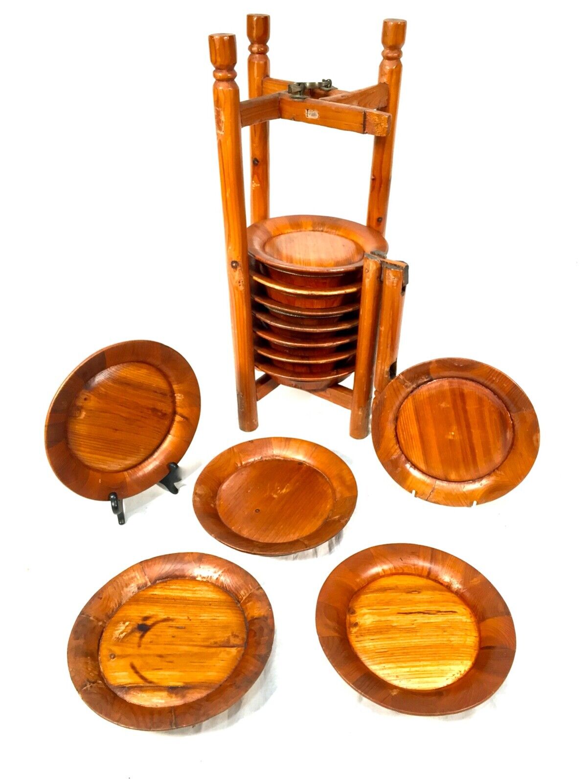 Antique Kitchenalia Wooden Stained Pine Stacking Plate / Bowl / Picnic Set c1950