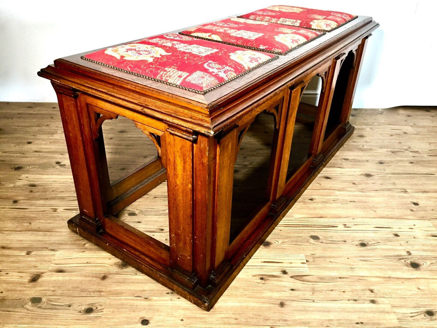 Antique 19th Century Gothic Revival Mahogany Wood Chapel Window Bench / Seat