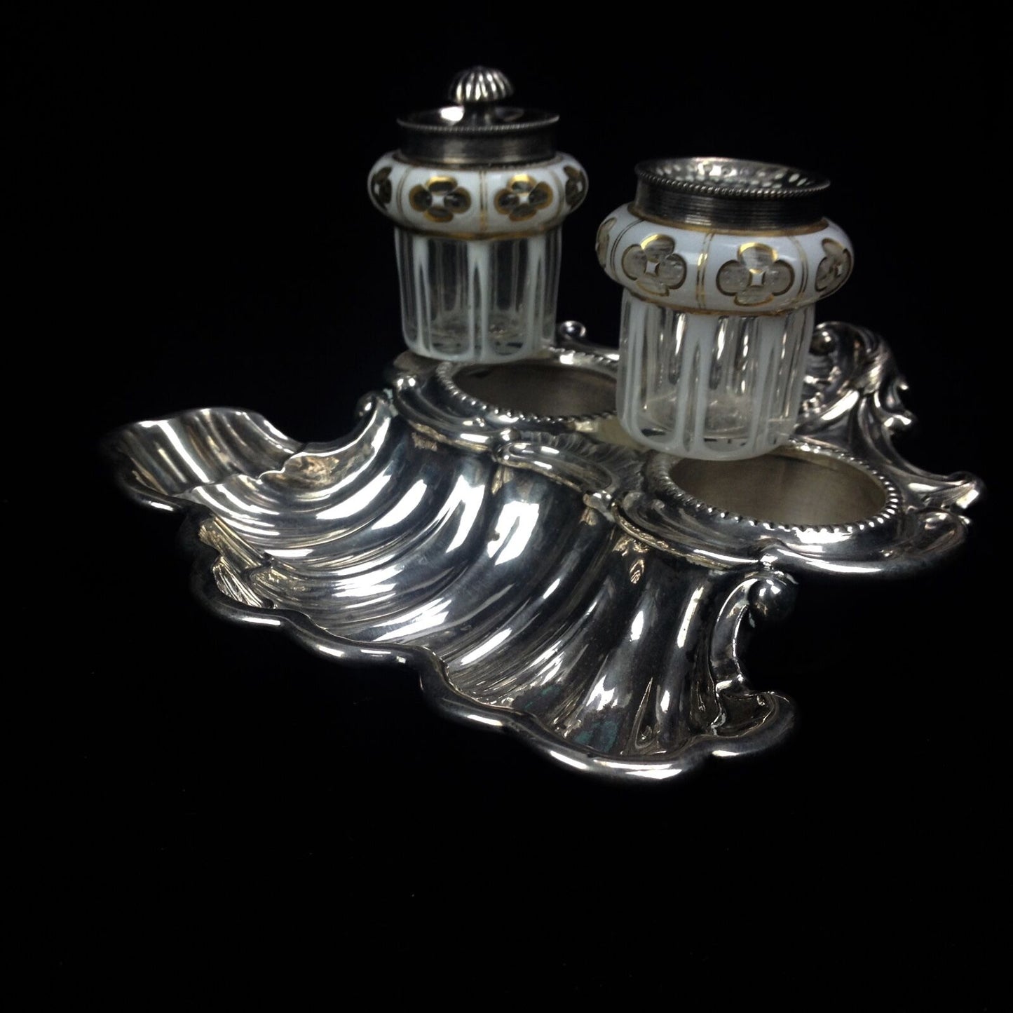 Continental White Metal & Enamel Glass Inkwells and Pen Dish /REDUCED
