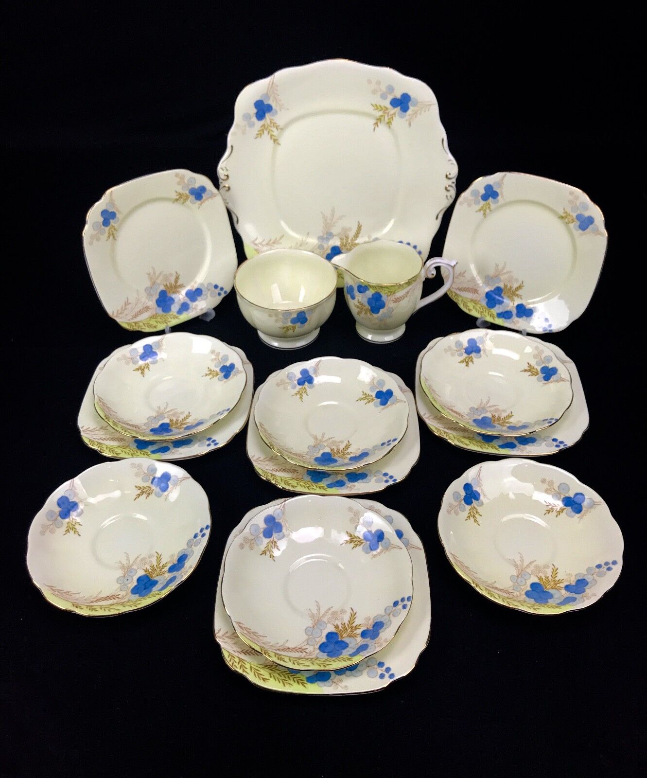Vintage Bell China Tea Set for 6 People / 21 Piece / Blue And Cream 1940's