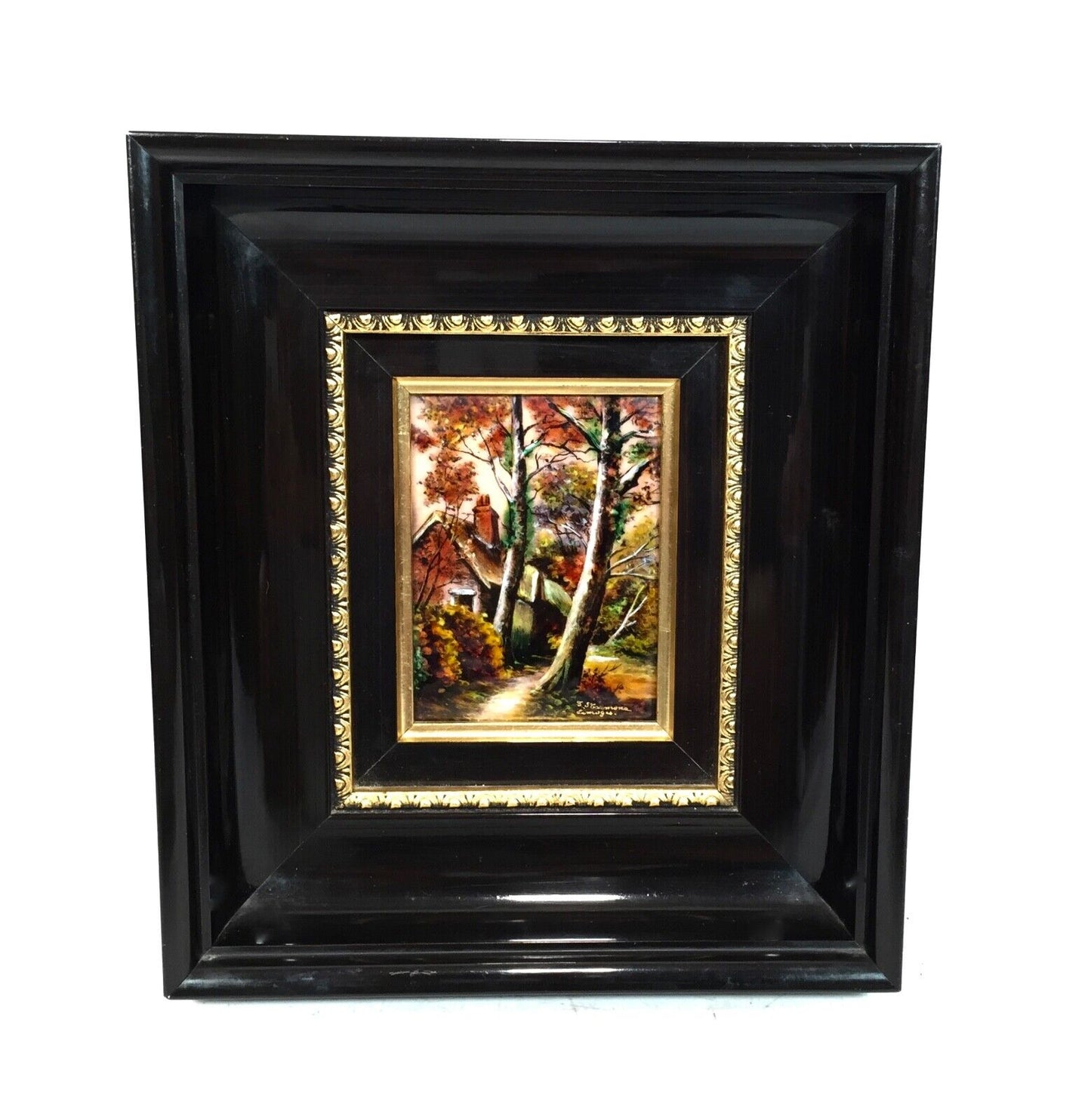 Framed Enamel on Copper E J Guitard of Limoges, France, Painting Pair c.1970