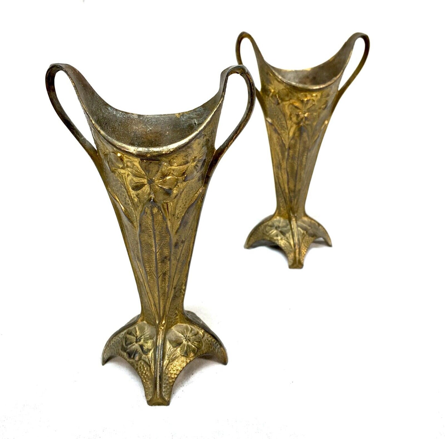 Antique Pair of Brass Art Nouveau Trumpet Posy Vases / Matching / c.1910