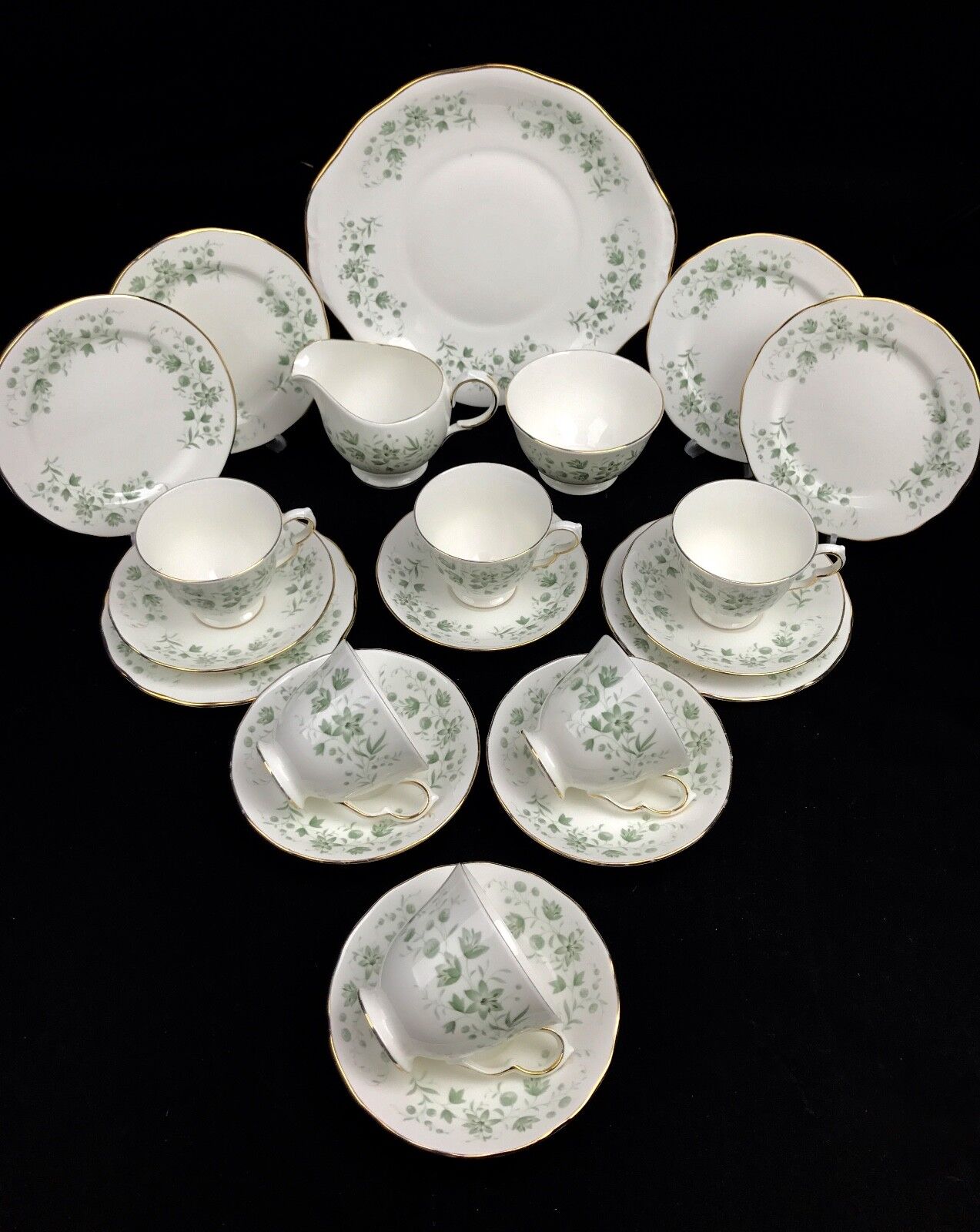 Queen Anne China Tea Set For 6 / 21 Piece / Pattern 8669 Green Floral / Trio