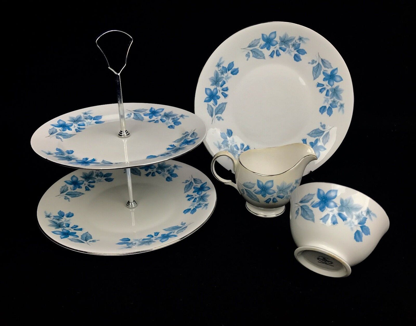 Crown Essex Vintage Tea Set For 5 / Dubarry / Blue Floral / Cake Stand / Trios