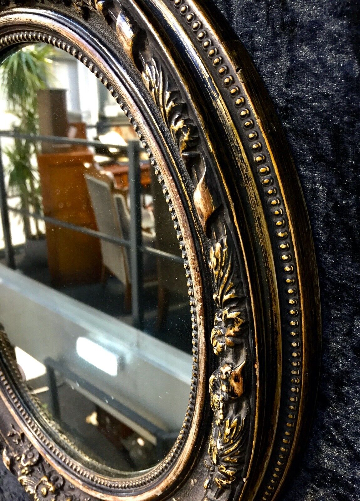 Antique Victorian Wooden Framed Black & Gold Oval Wall Mirror / Art Nouveau