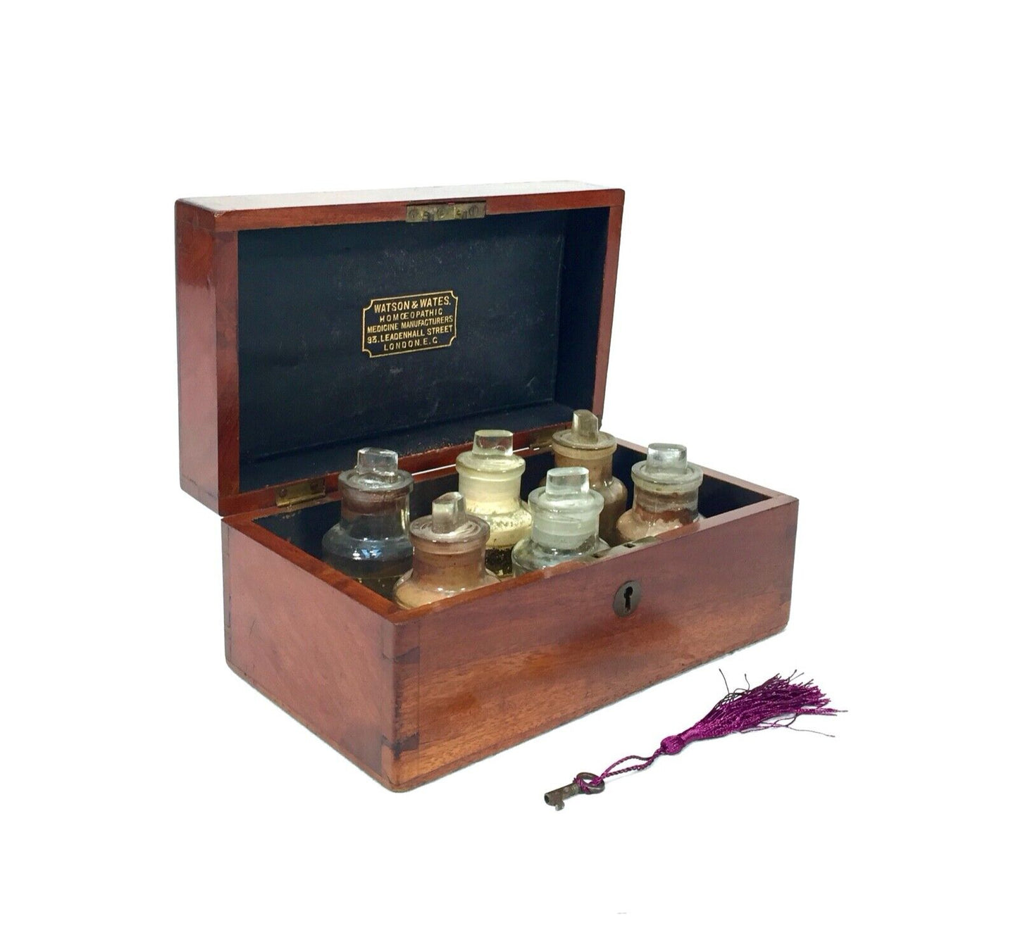 Antique Mahogany Apothecary Box / Cabinet With Glass Bottles by Watson & Wates