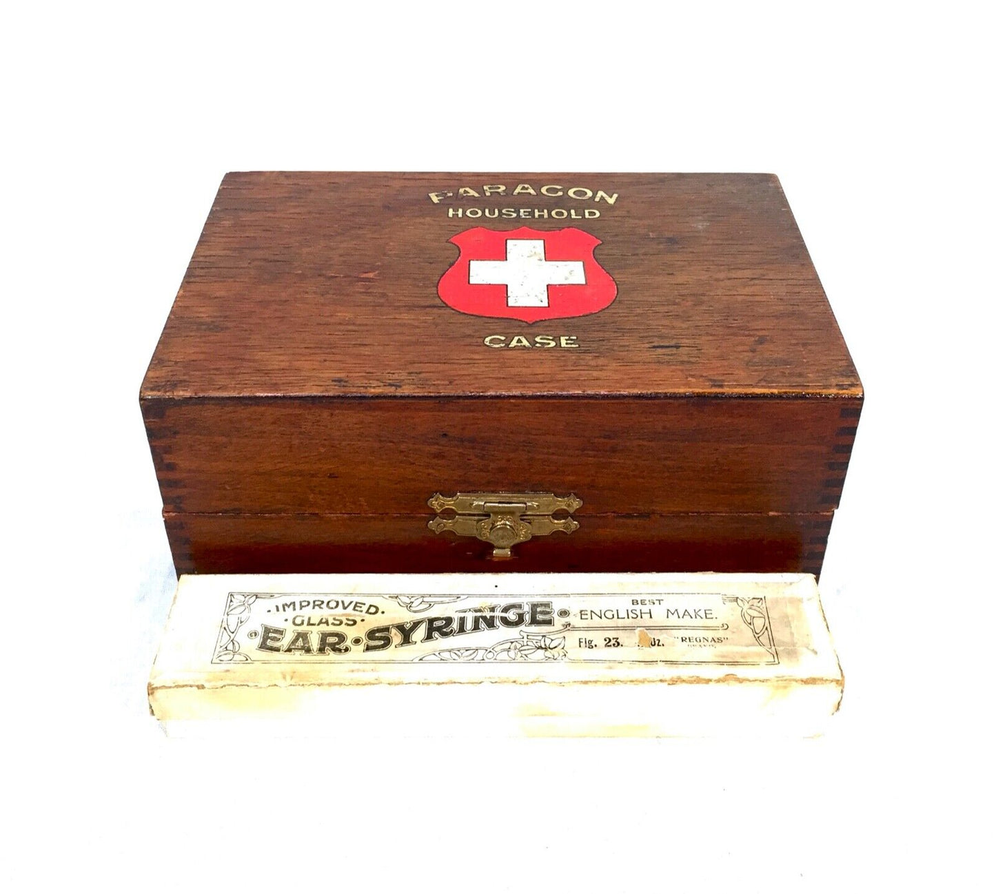 Antique Wooden Paragon Household Ambulance First Aid Box & Contents Apothecary
