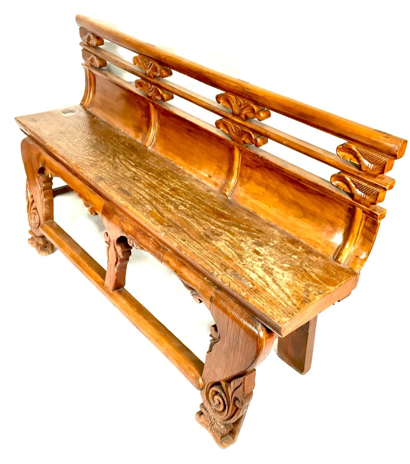 Antique Chinese Buddhist Temple / Opera Bench Elm Wood / 19th Century / c.1890