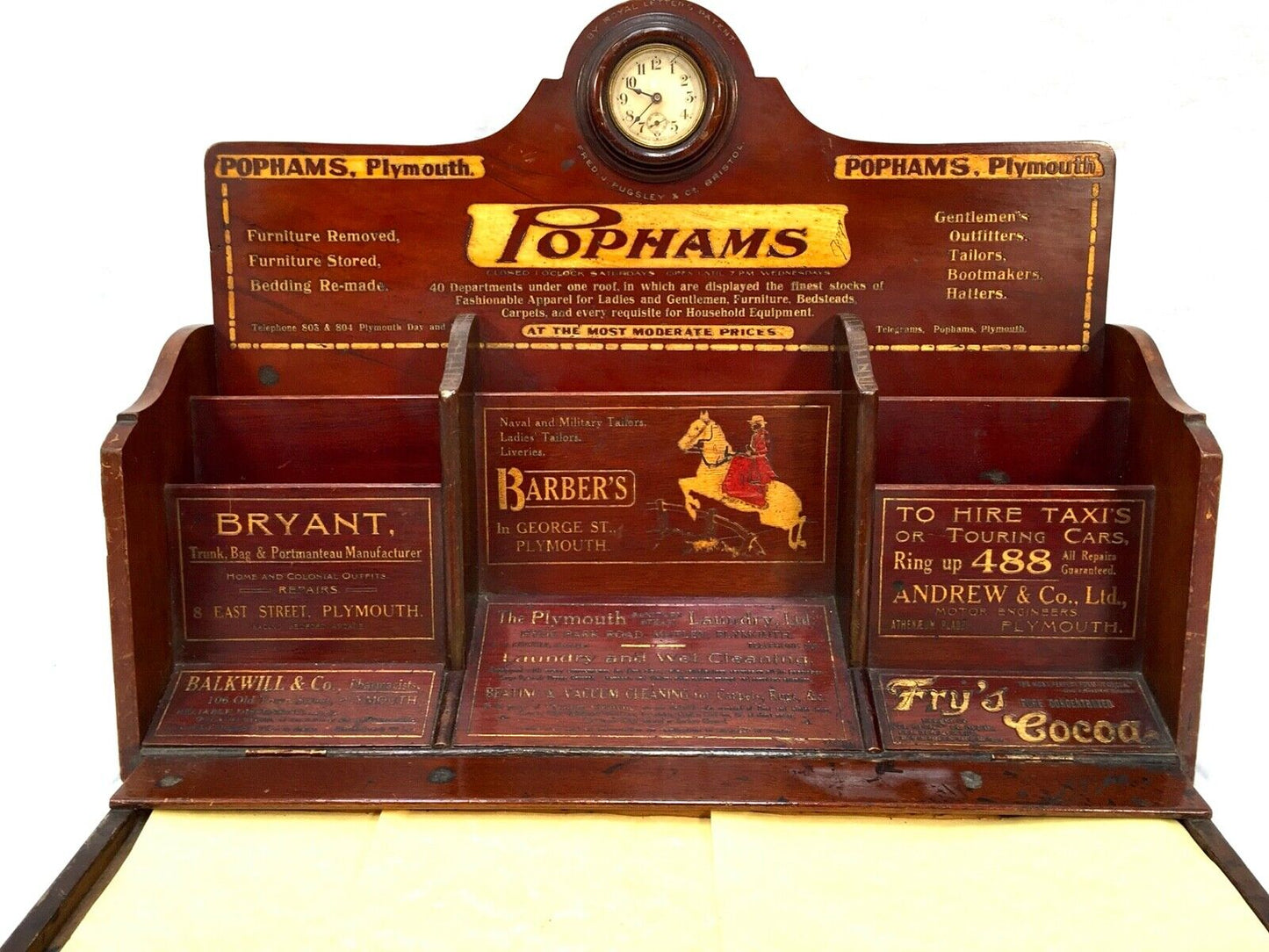 Antique Advertising - Pophams Plymouth Shop Display Sign / Stationery Cabinet