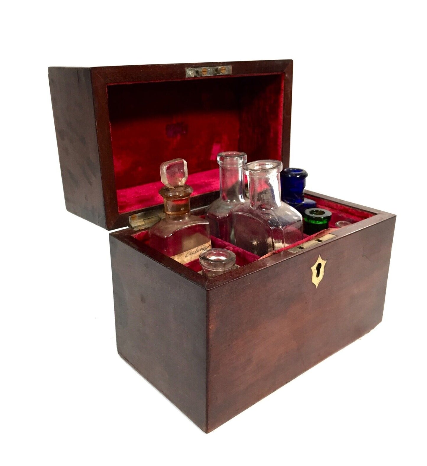 Antique Mahogany Apothecary Box / Cabinet With Glass Medicine Bottles c.1880