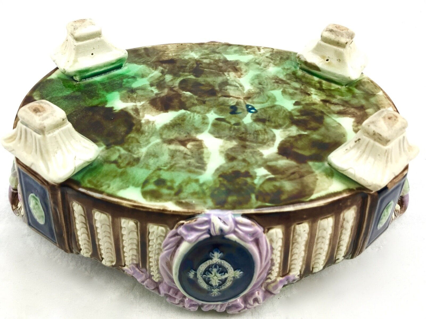 Antique Majolica Oval Planter / Victorian / Blue & Pink / Thomas Forrester