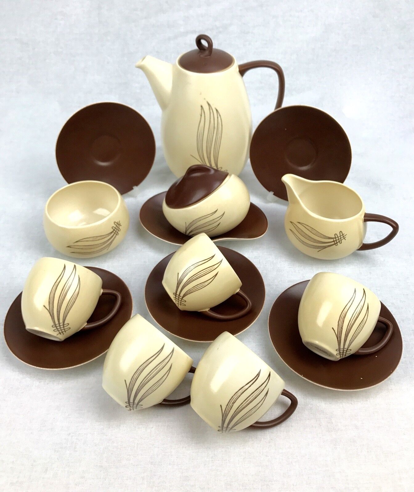 Carlton Ware Windswept Tea Set Brown And Cream / Vintage / Coffee / 15 Piece