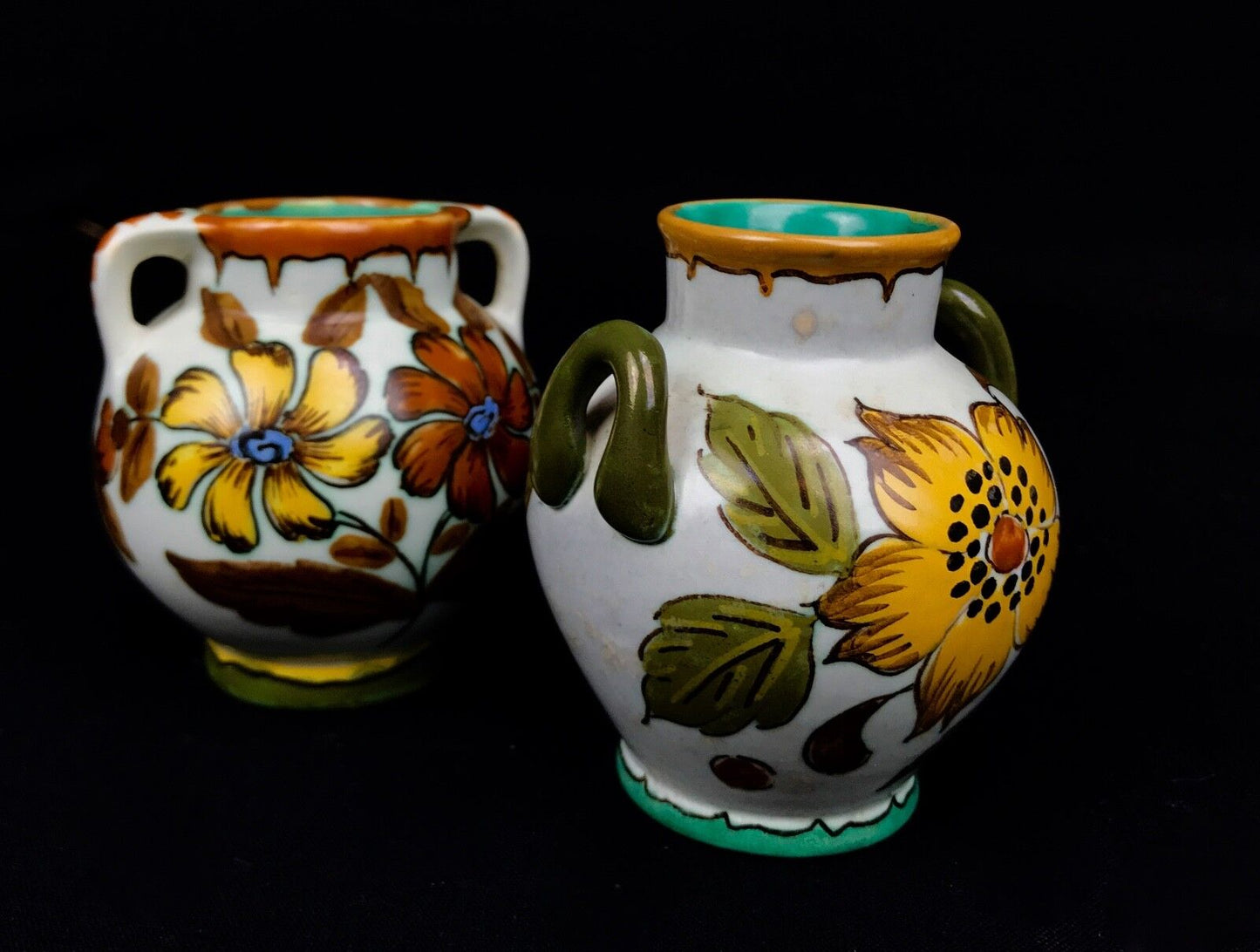 Gouda Pottery Double Handled Jug Pair Cream / 1950's Dutch / Yellow / Orange
