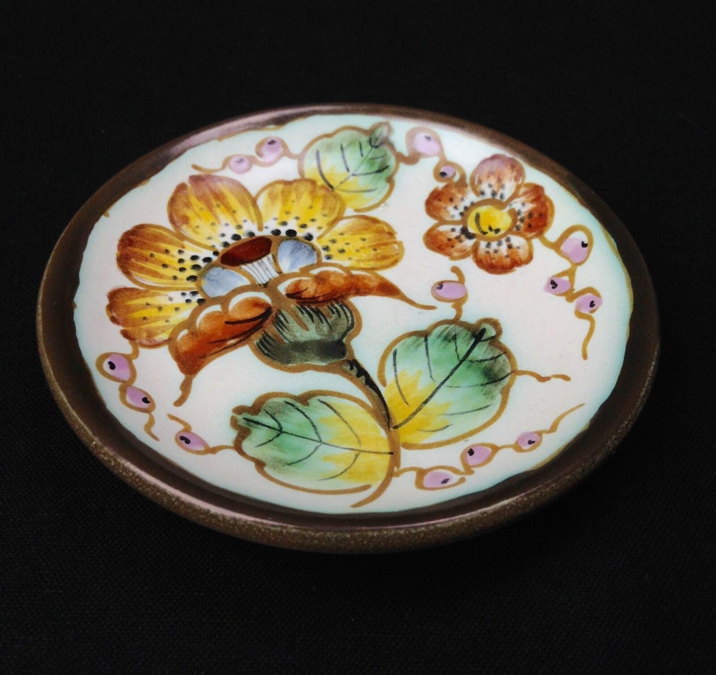 Gouda Pottery Plate / Dish / Bowl / Miniature / Brown / Yellow / Floral / Dutch