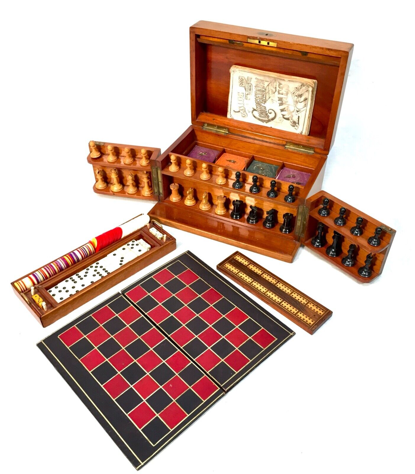 Antique 19th Century Victorian Games Compendium Box / Wooden Cabinet c.1880