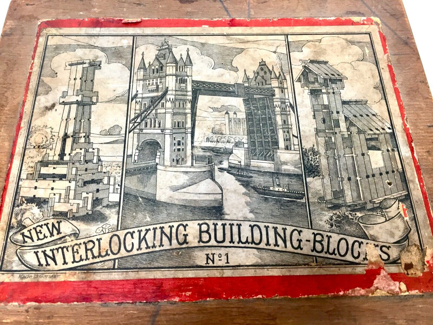 Antique 19th Century Wooden Interlocking Building Block Game / Boxed Set No. 1
