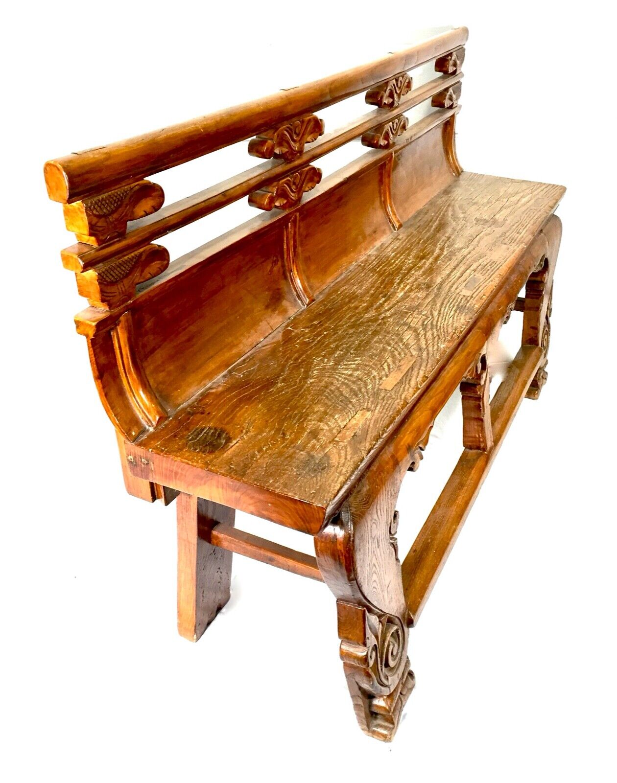 Antique Chinese Buddhist Temple / Opera Bench Elm Wood / 19th Century / c.1890