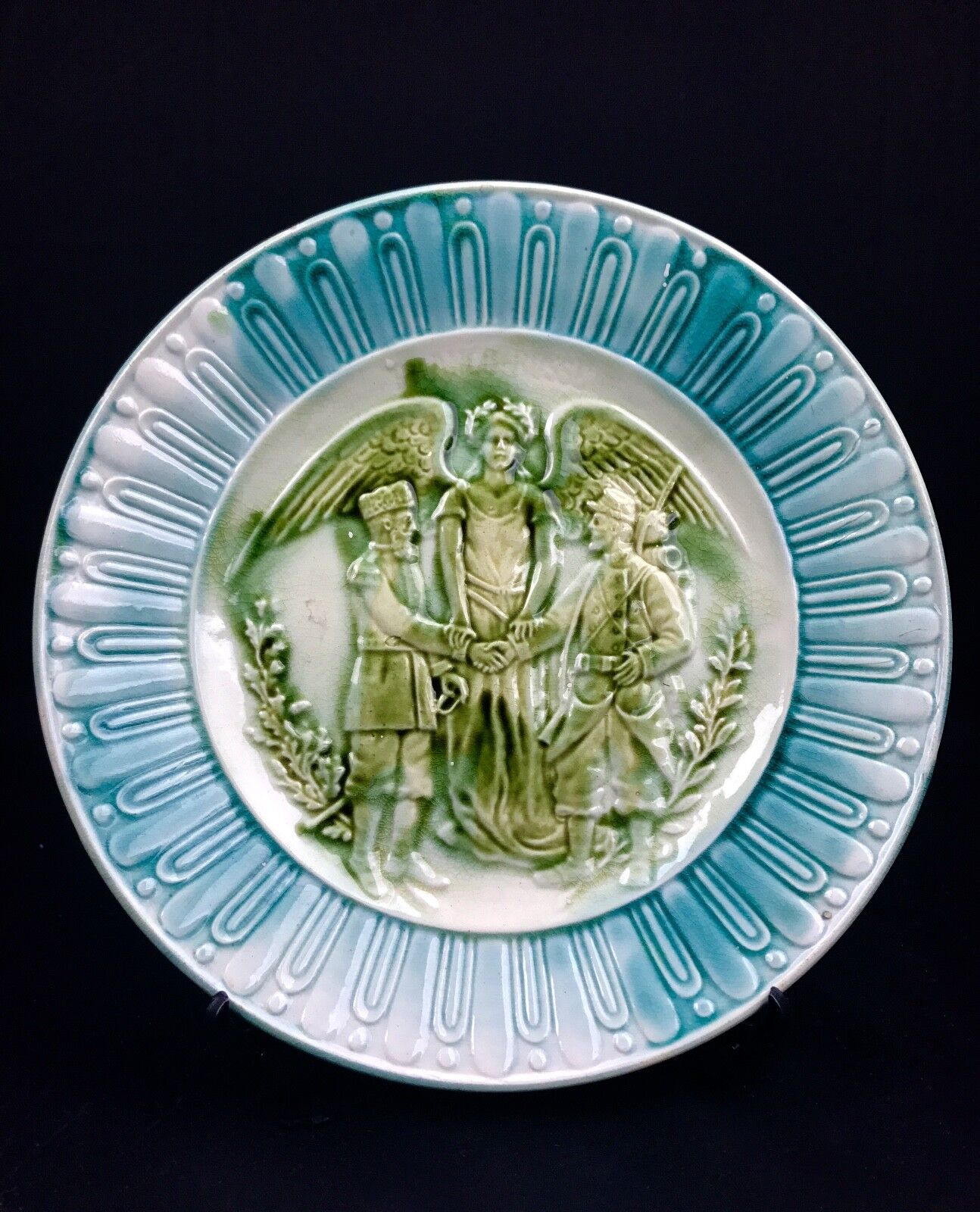 Antique Majolica Plate Nonaing French Commemorative Alliance of France / Russia