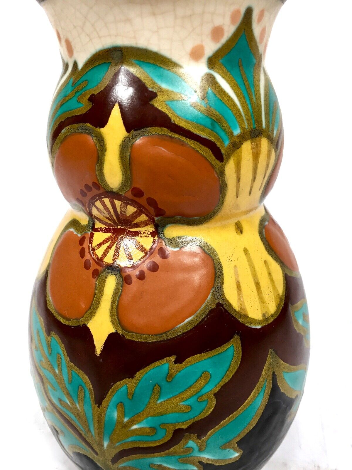 Antique Gouda Pottery Jug / Vase / Art Deco / Brown Yellow Green / 1920's