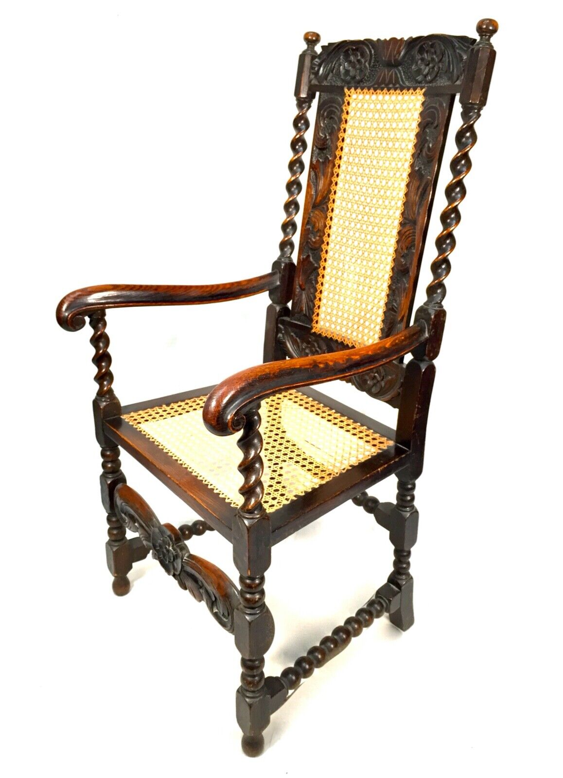 Antique 18th Century Furniture Wooden Oak Carved Arm Chair with Cane Back & Seat