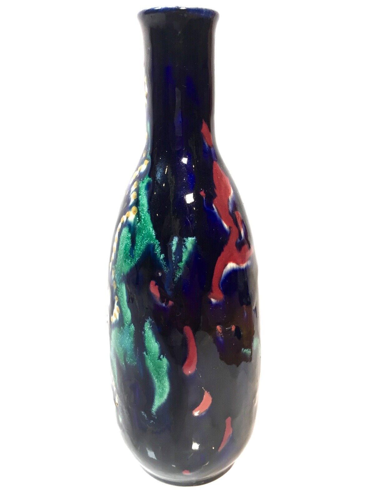 Antique High Glaze Gouda Pottery Art Deco Vase / Dutch / Blue / Green / Orange