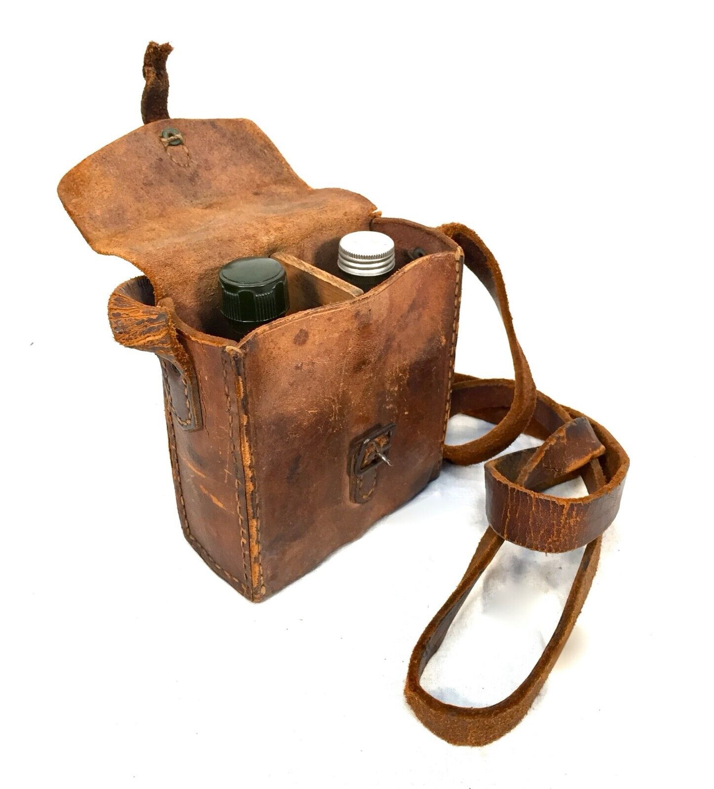 Antique Firefighters Belt & Leather Pouch Bag With Glass Apothecary Bottles