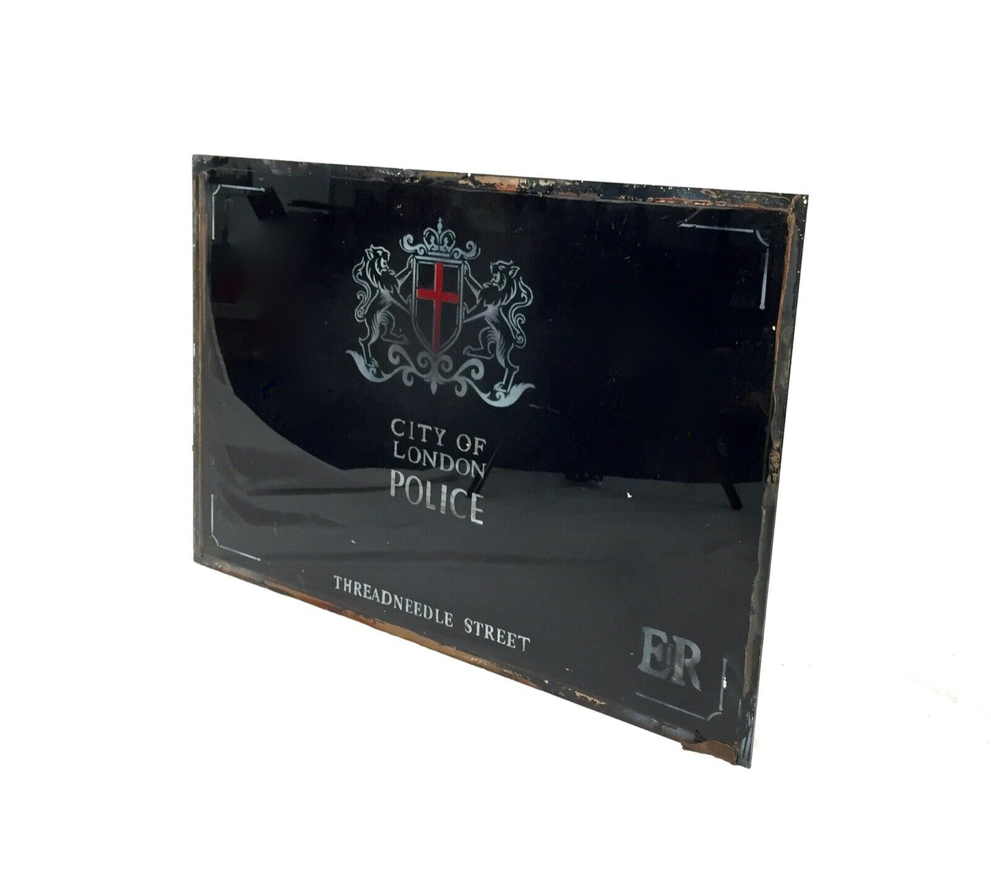 Vintage Glass Window Sign City of London Police Threadneedle Street Glass