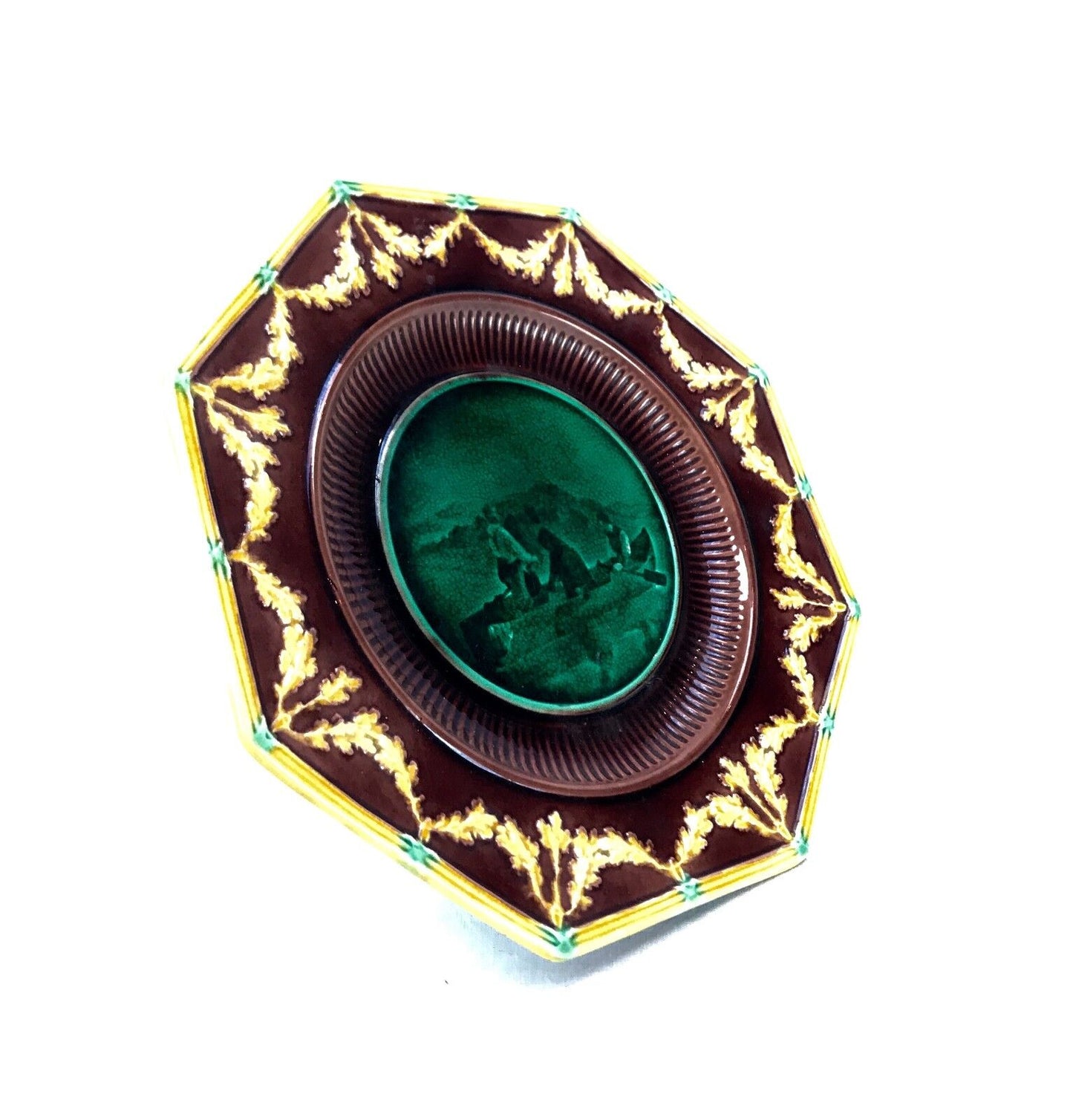 Wedgwood Majolica Octagonal Portrait Plate With Medieval Dolphin Feet Victorian