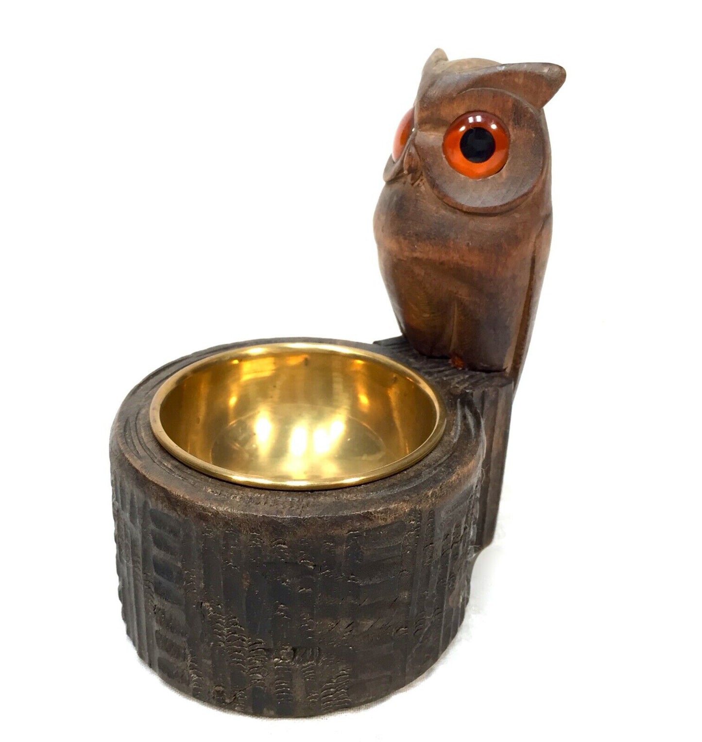 Antique Wooden Carved Owl & Brass Bowl Pin / Trinket Dish / Black Forest Style