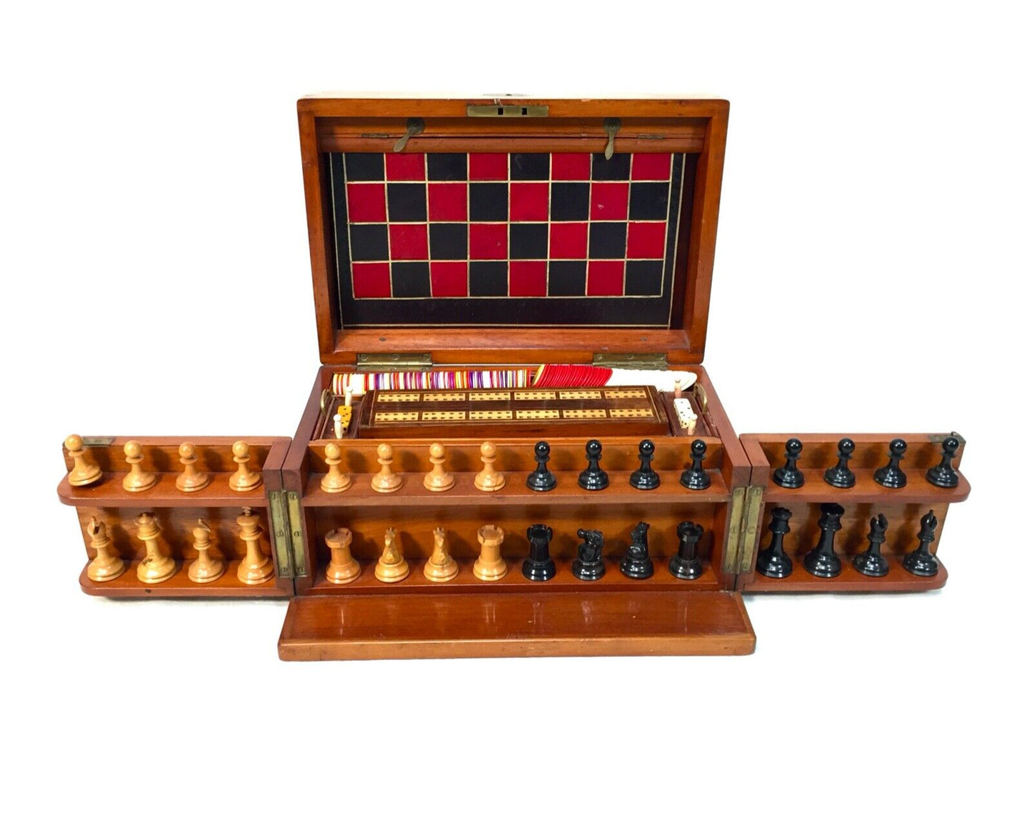 Antique 19th Century Victorian Games Compendium Box / Wooden Cabinet c.1880