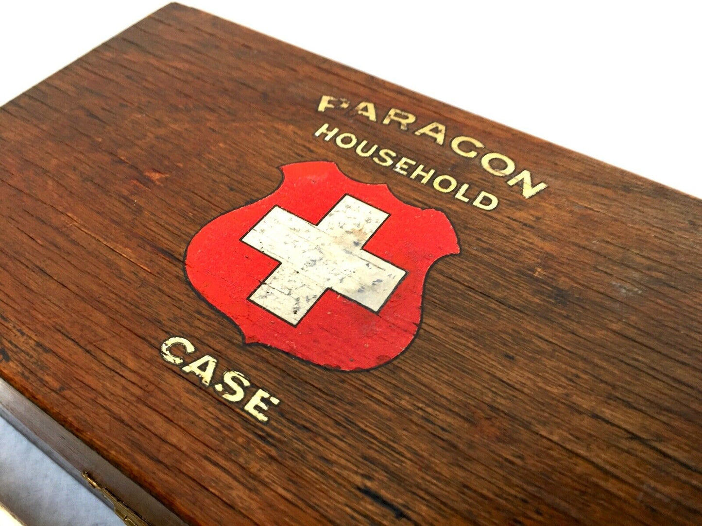 Antique Wooden Paragon Household Ambulance First Aid Box & Contents Apothecary