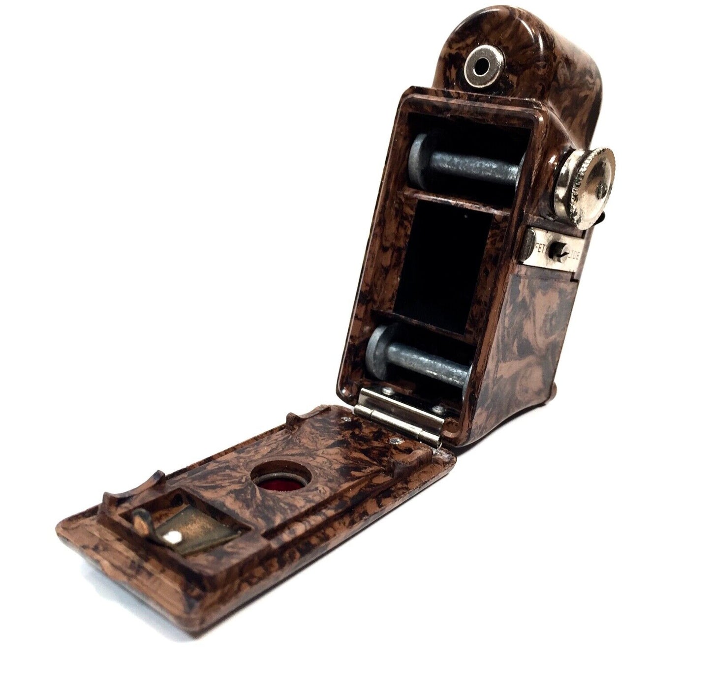 Antique Coronet Midget / Miniature 16MM Camera Brown Marble Bakelite / Art Deco