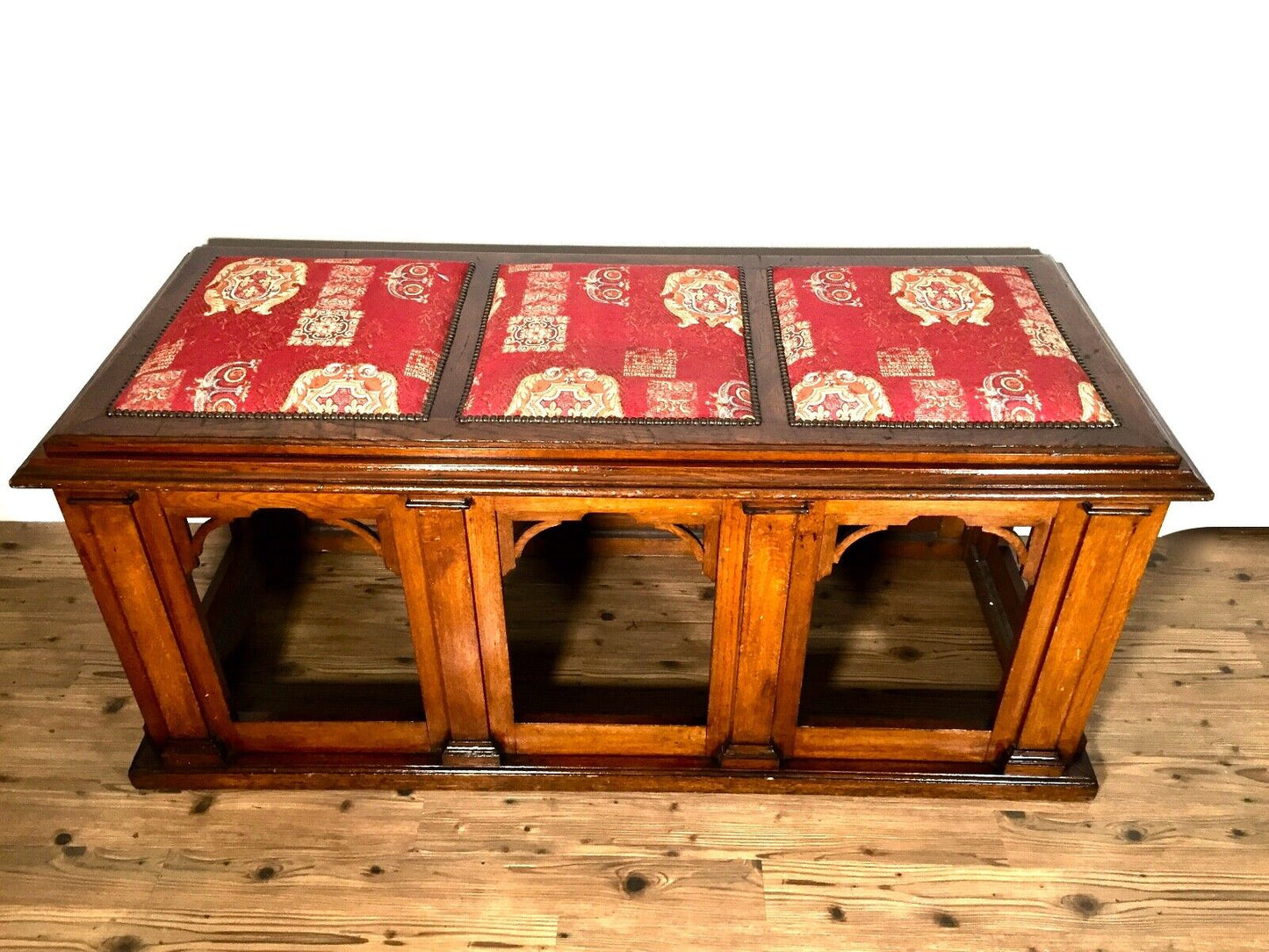 Antique 19th Century Gothic Revival Mahogany Wood Chapel Window Bench / Seat