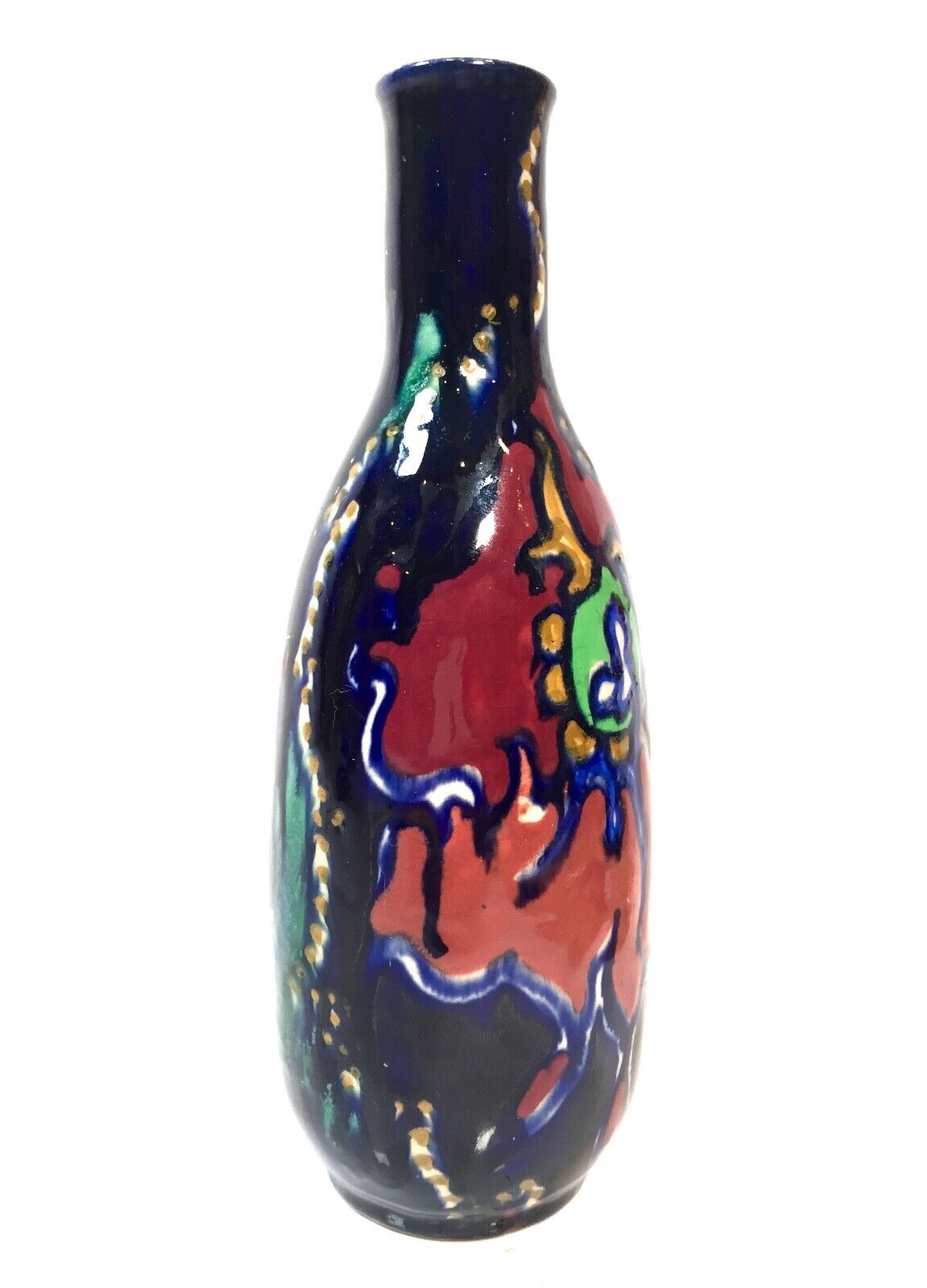 Antique High Glaze Gouda Pottery Art Deco Vase / Dutch / Blue / Green / Orange
